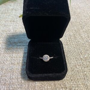Round Cut Moissanite & Silver Ring with Halo Size 5